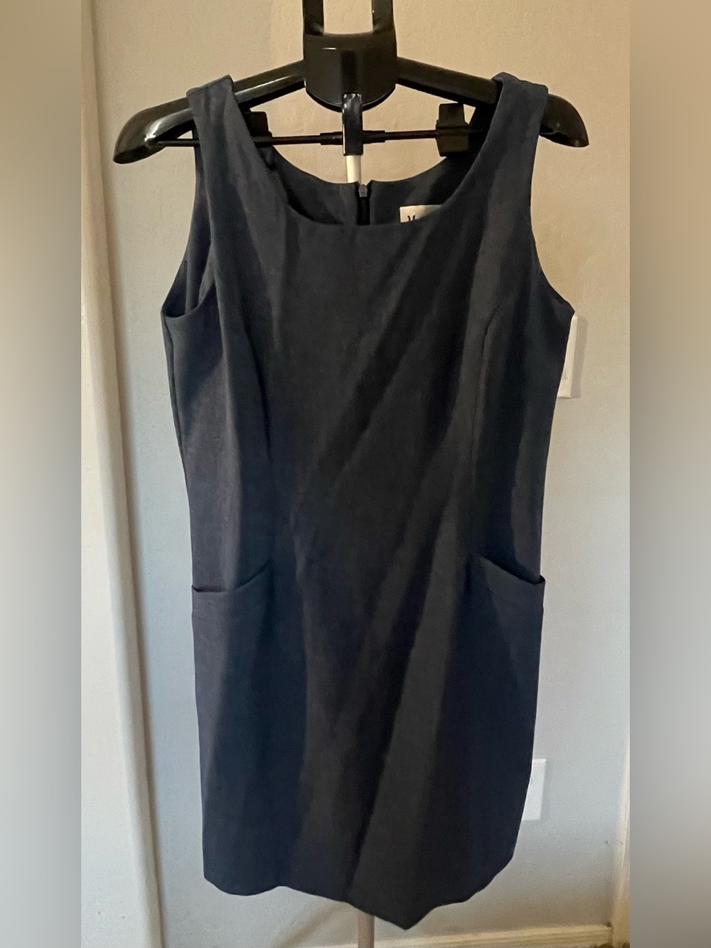 Sleeveless Navy Midi Sheath Dress with Front Pockets